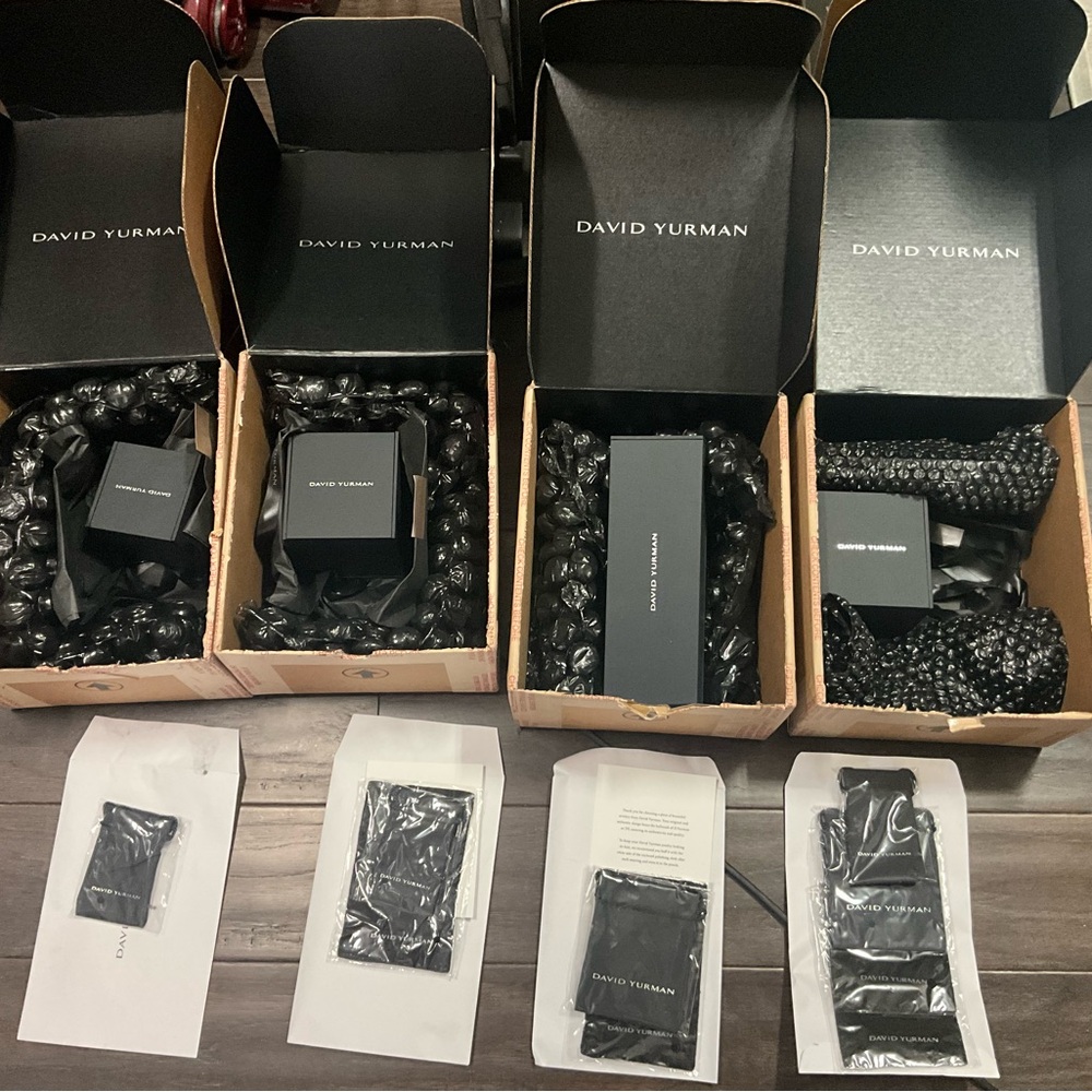 4 David Yurman Boxes including Pouches, Polishing Cloths and Jewelry Boxes